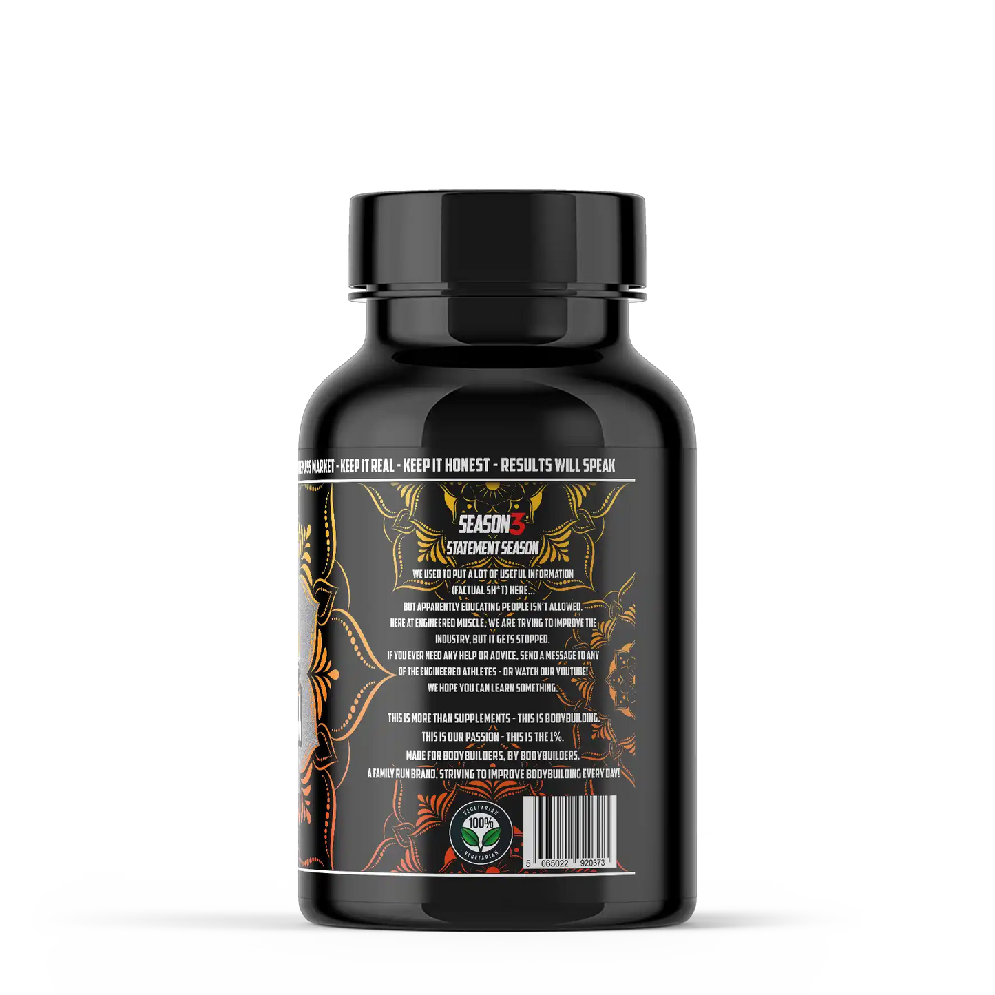 Black supplement bottle of Engineered Muscle Urolithin A with detailed label on a white background shown from the right side of the bottle