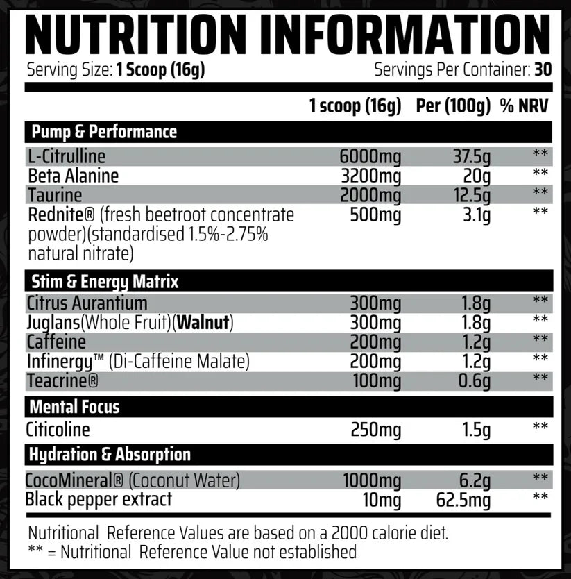 Nutrition information label for a supplement with various ingredients and their amounts.