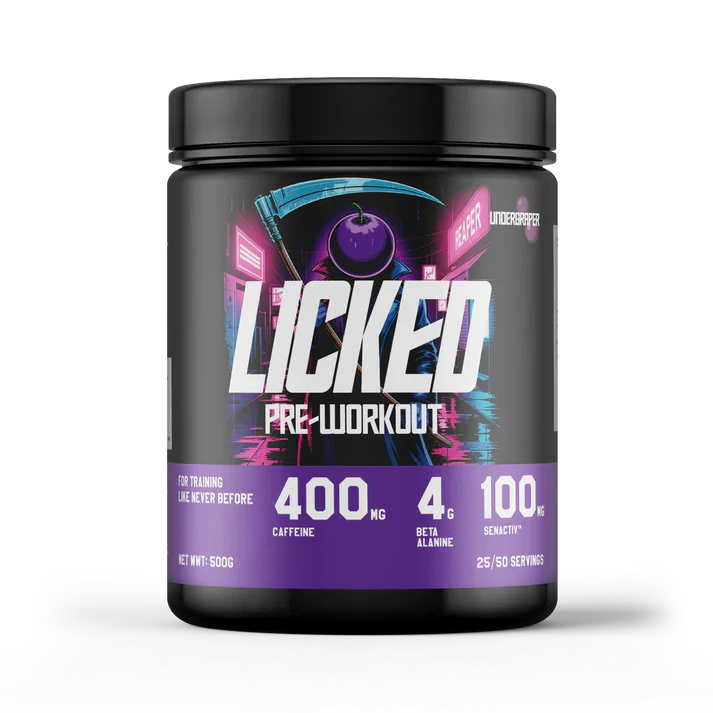 Licked pre-workout supplement container with black and purple design on a white background, Undergraper flavour