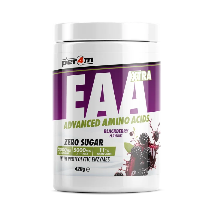 Container of Per4m EAA (Essential Amino Acids) supplement with blackberry flavor on a white background