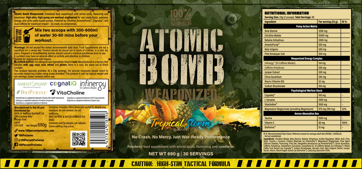 Label of 'Atomic Bomb Weaponized' supplement with green and yellow design