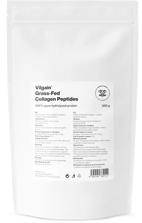 A white package of Vilgain Grass-Fed Collagen Peptides, 300g size, with product information and branding visible.