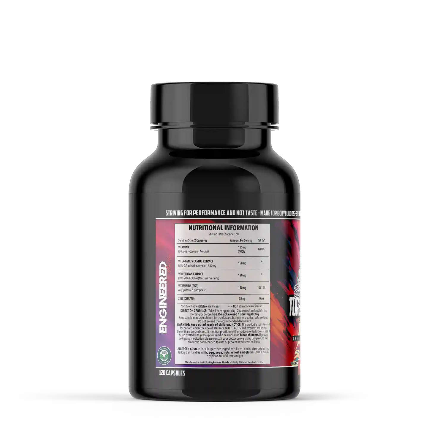 Engineered Muscle Turbogoline Black supplement bottle with nutritional information label on a transparent background
