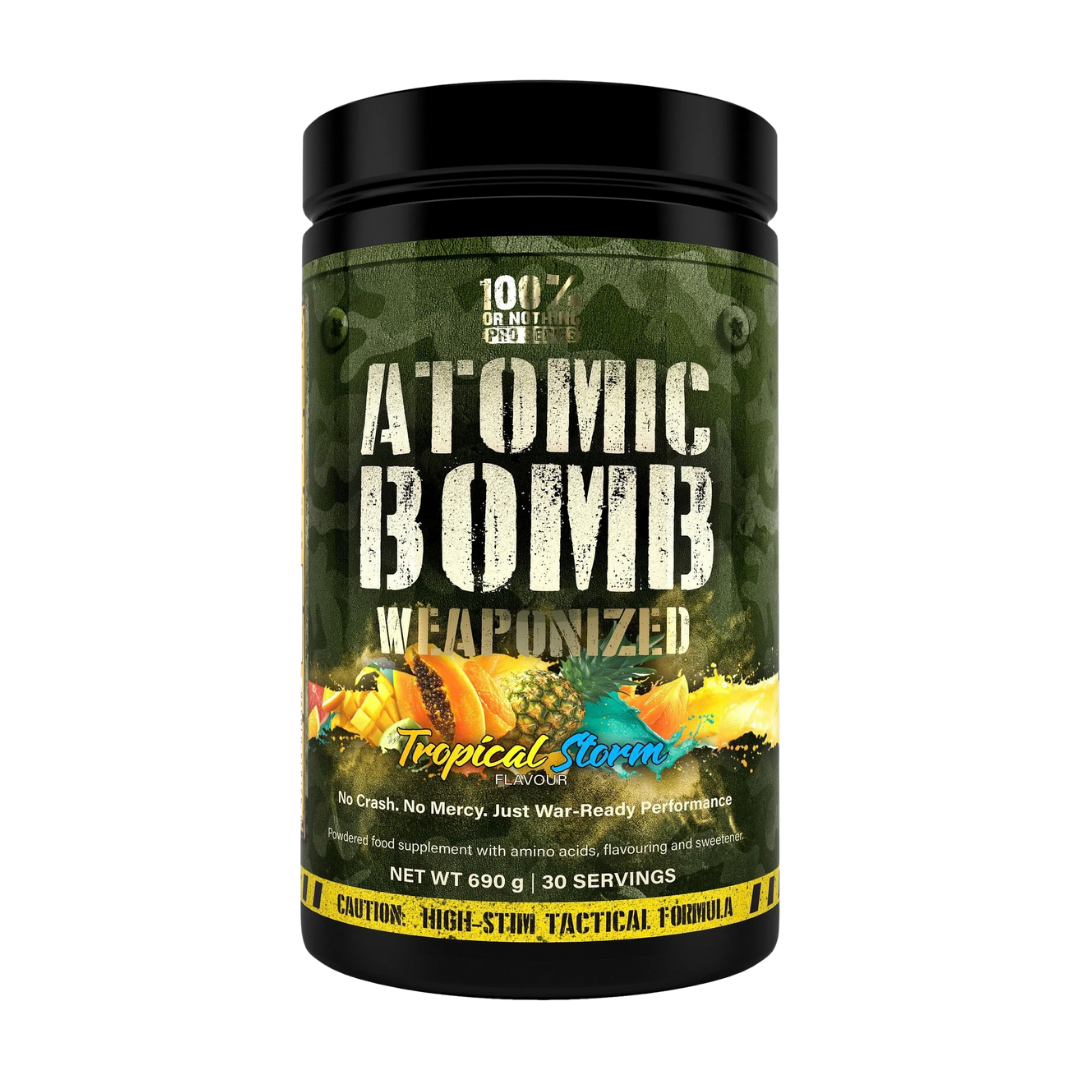 Supplement container labeled '100% Or Nothing Pro Series - Atomic Bomb Weaponized' with tropical storm flavour.