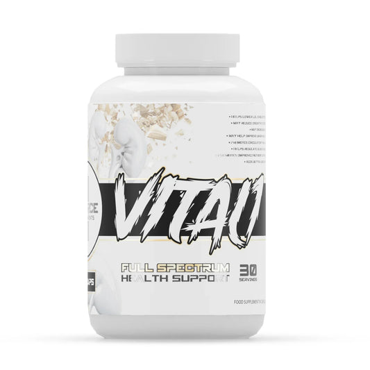 A bottle of 1 Source Supps Vital 1 Full Spectrum Health Support supplements with a white and black label.