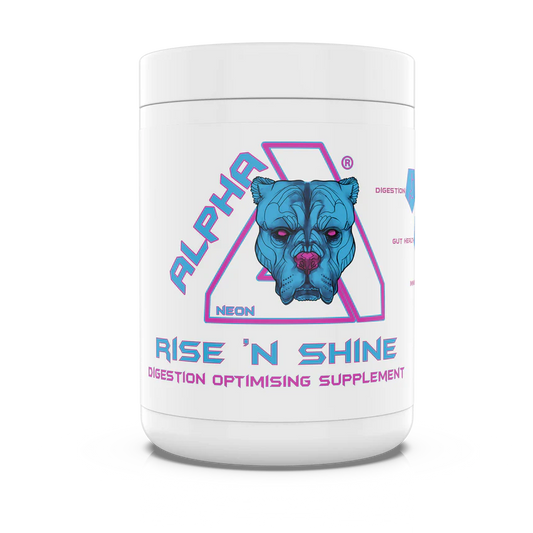 Supplement container with Alpha Neon logo and 'Rise 'N Shine' text on a white background