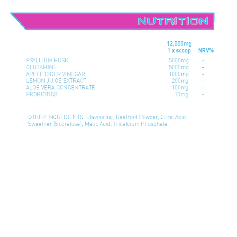 Nutritional information and ingredient list for Alpha Neon Rise & Shine on a white background with a pink and blue border.