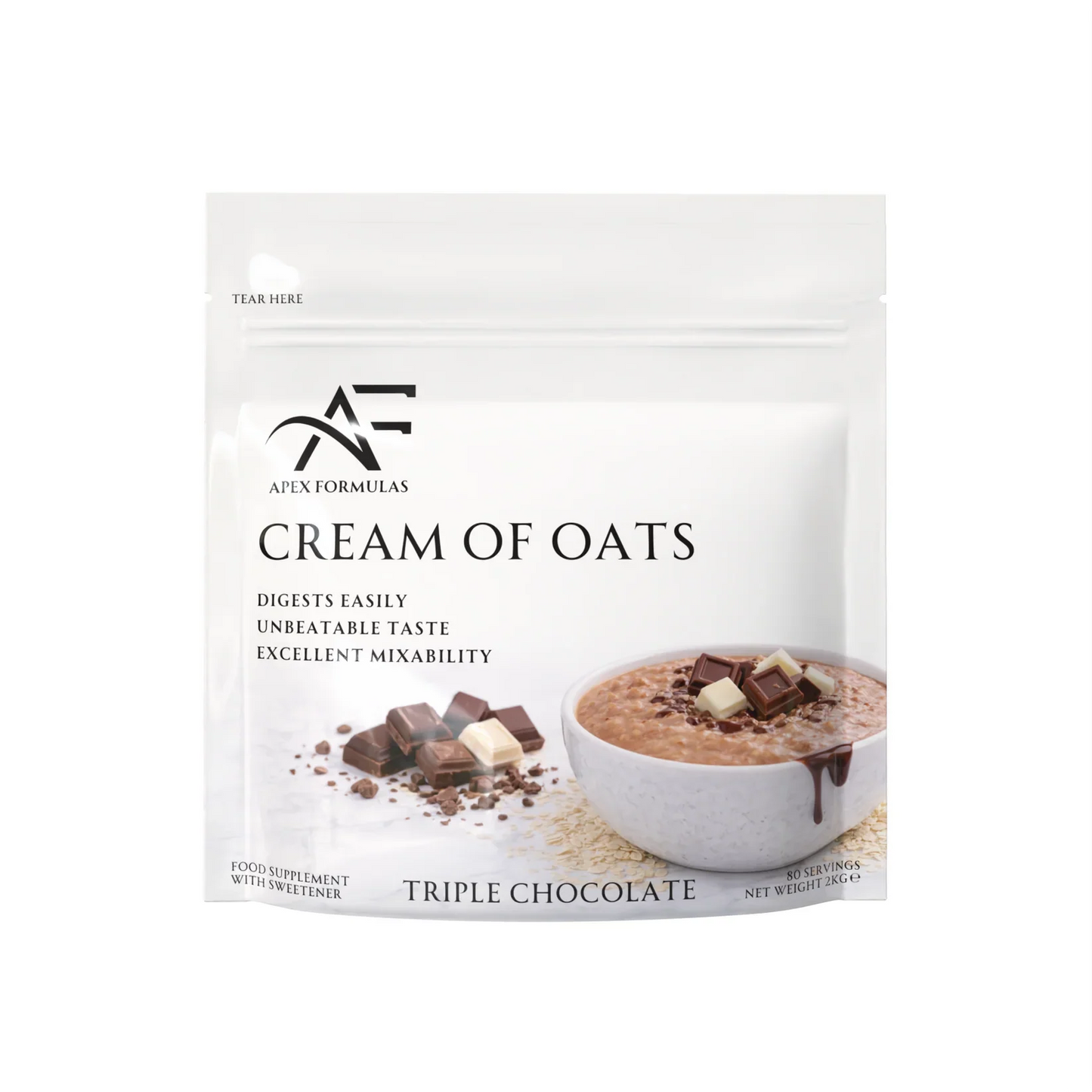Package of Cream of Oats with Apex Formulas branding on a white background. Triple chocolate flavour.