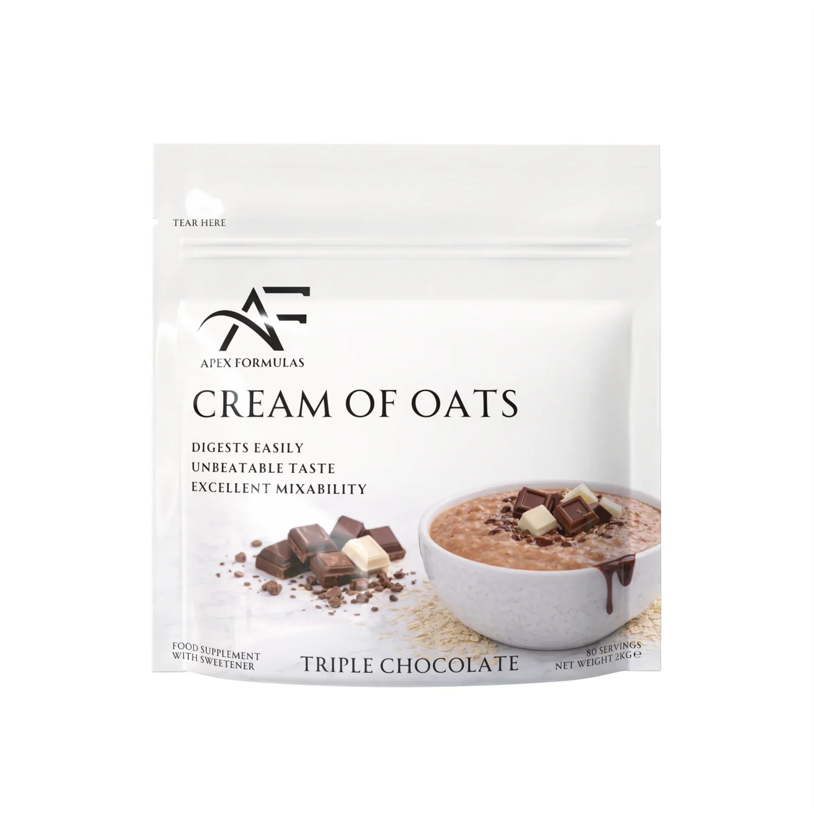 Package of Cream of Oats with Apex Formulas branding on a white background. Triple chocolate flavour.