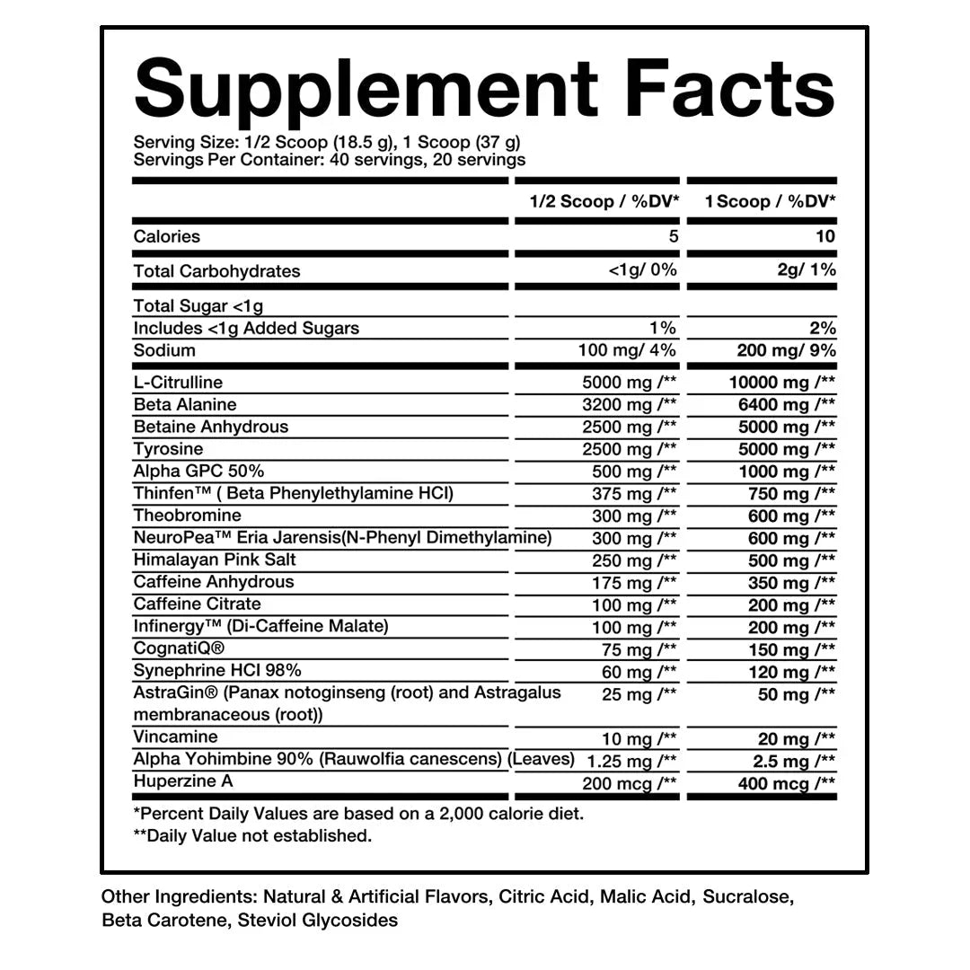 Supplement facts label with detailed nutritional information on a white background