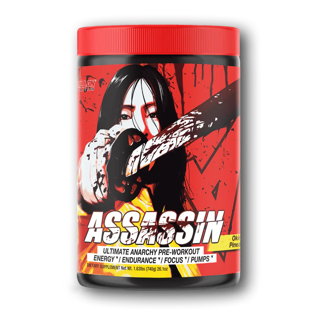 Apollon Nutrition Assassin pre-workout supplement container with red and black design on a white background
