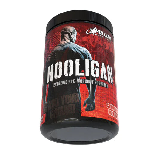 Pre-workout supplement container labeled 'Hooligan' by Apollon Nutrition on a white background