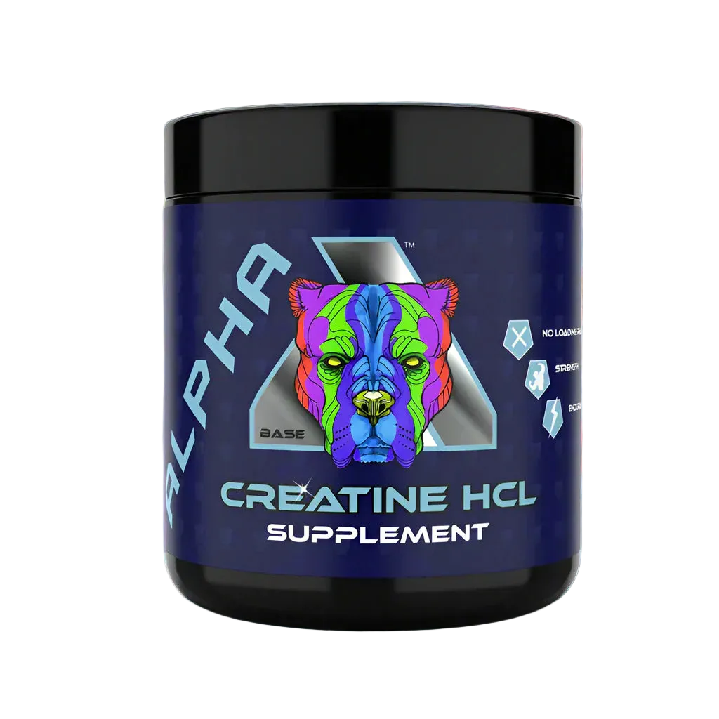 A container of Alpha Neon Creatine HCL with a colorful graphic of a bear's face on the label, surrounded by raspberries and sliced oranges on a blue background.
