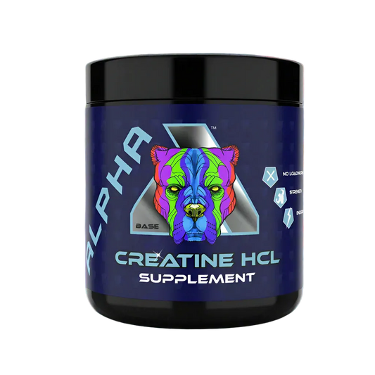 A container of Alpha Neon Creatine HCL with a colorful graphic of a bear's face on the label, surrounded by raspberries and sliced oranges on a blue background.