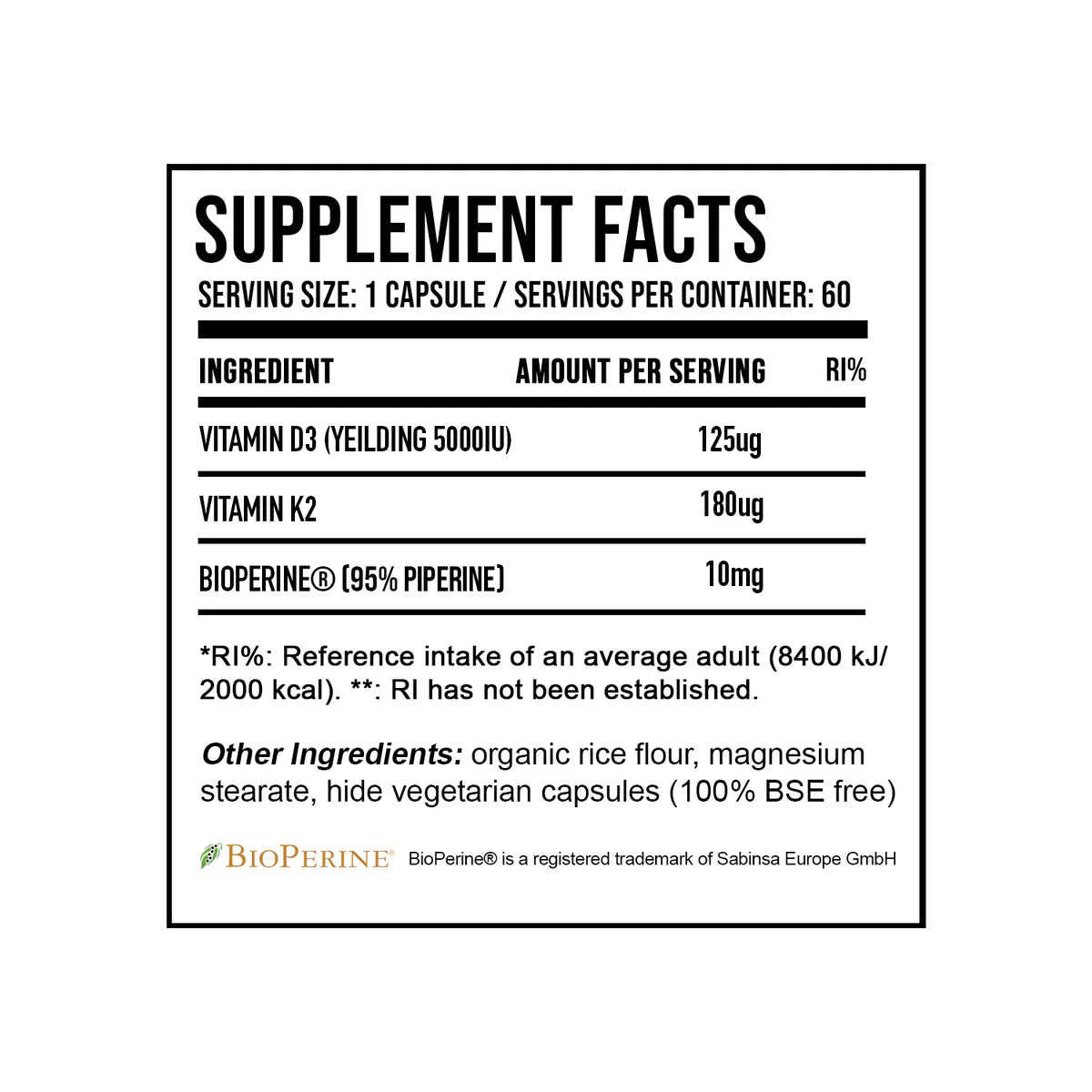 Supplement nutritional information and ingredients panel for DNA Sports vitamin d3 and k2 supplement containing 125ug Vitamin D3 yielding 5000iu, 180ug Vitamin K2, and 10mg Bioperine.