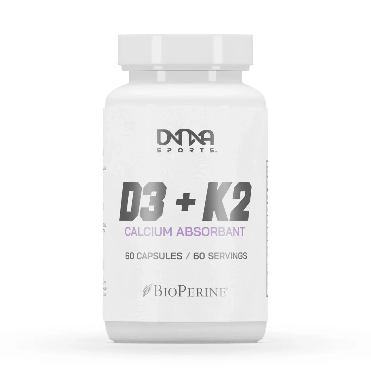 A bottle of DNA Sports D3 & K2 calcium absorbant supplement with 60 capsules, featuring the brand logo and product information.