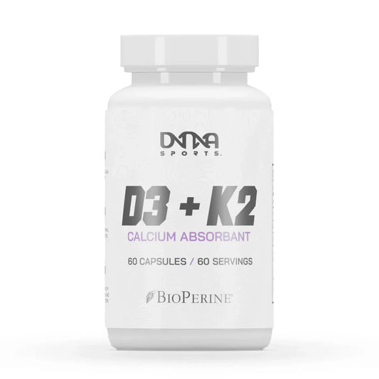 A bottle of DNA Sports D3 & K2 calcium absorbant supplement with 60 capsules, featuring the brand logo and product information.