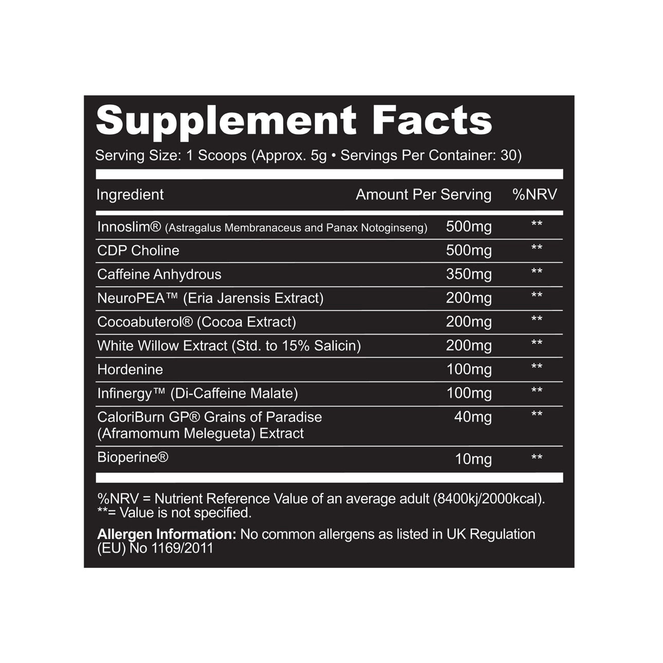 Supplement facts label with various ingredients and their amounts per serving on a white background.