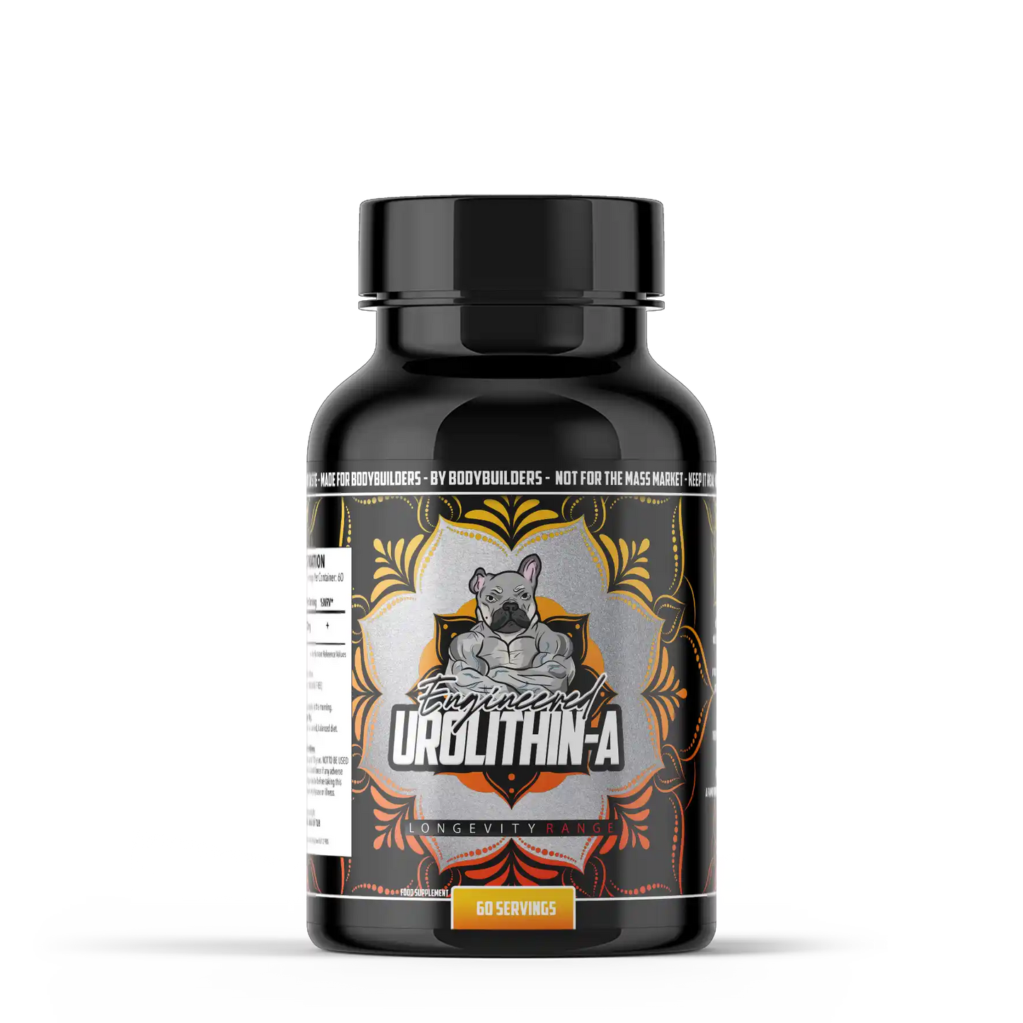 Black supplement bottle of engineered muscle urolithin-a with a label featuring a graphic of a dog and text on a white background