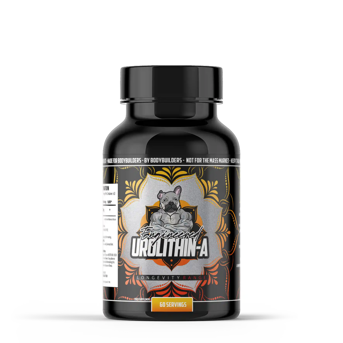 Black supplement bottle of engineered muscle urolithin-a with a label featuring a graphic of a dog and text on a white background
