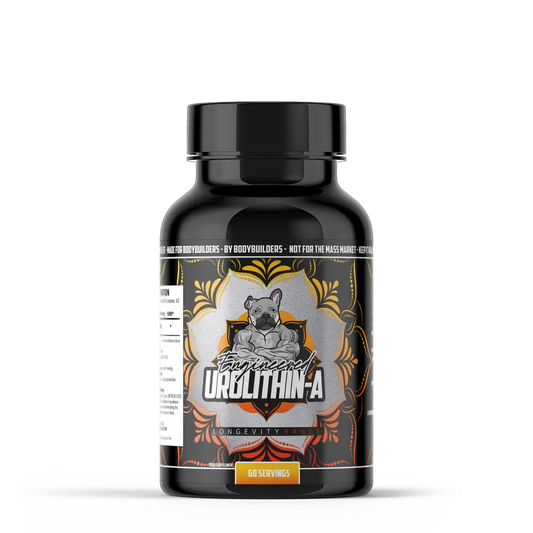 Black supplement bottle of engineered muscle urolithin-a with a label featuring a graphic of a dog and text on a white background