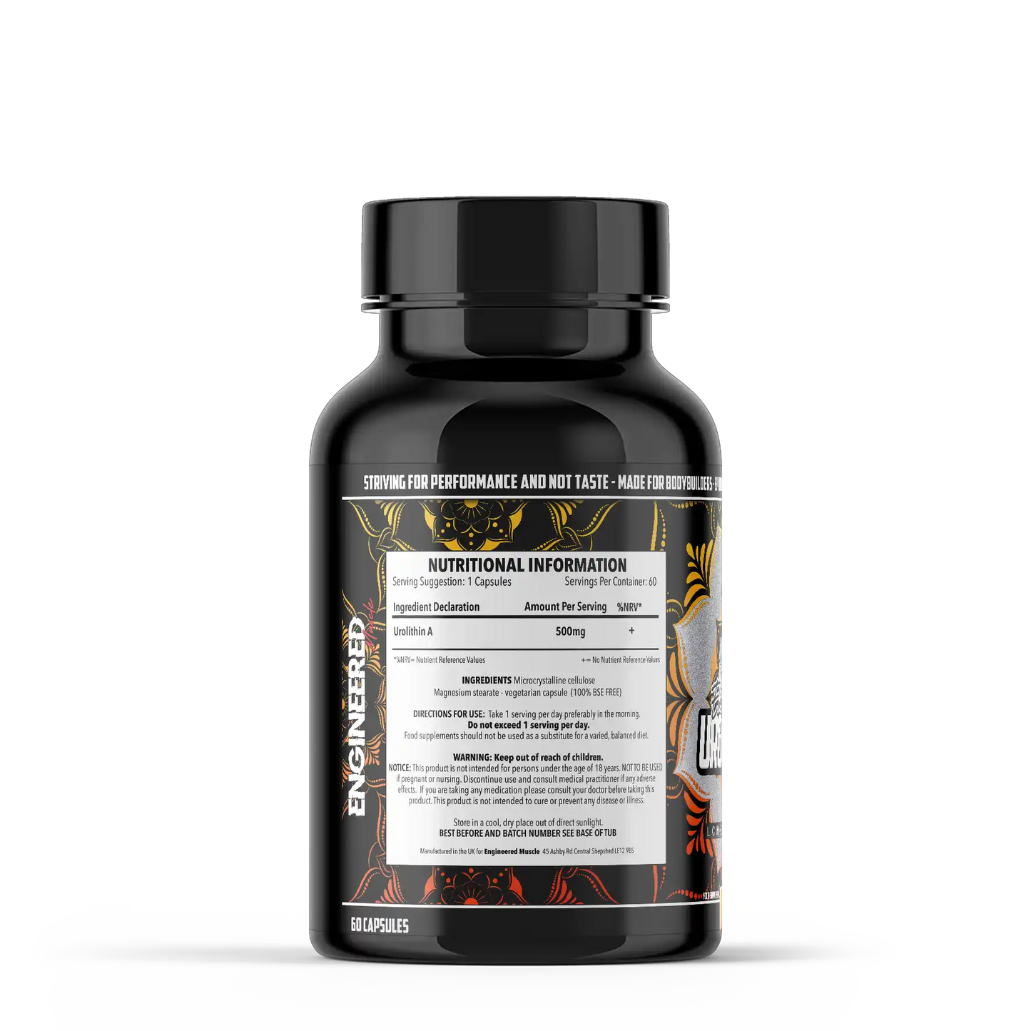 Black supplement bottle of engineered muscle urolithin A with nutritional information label on a white background