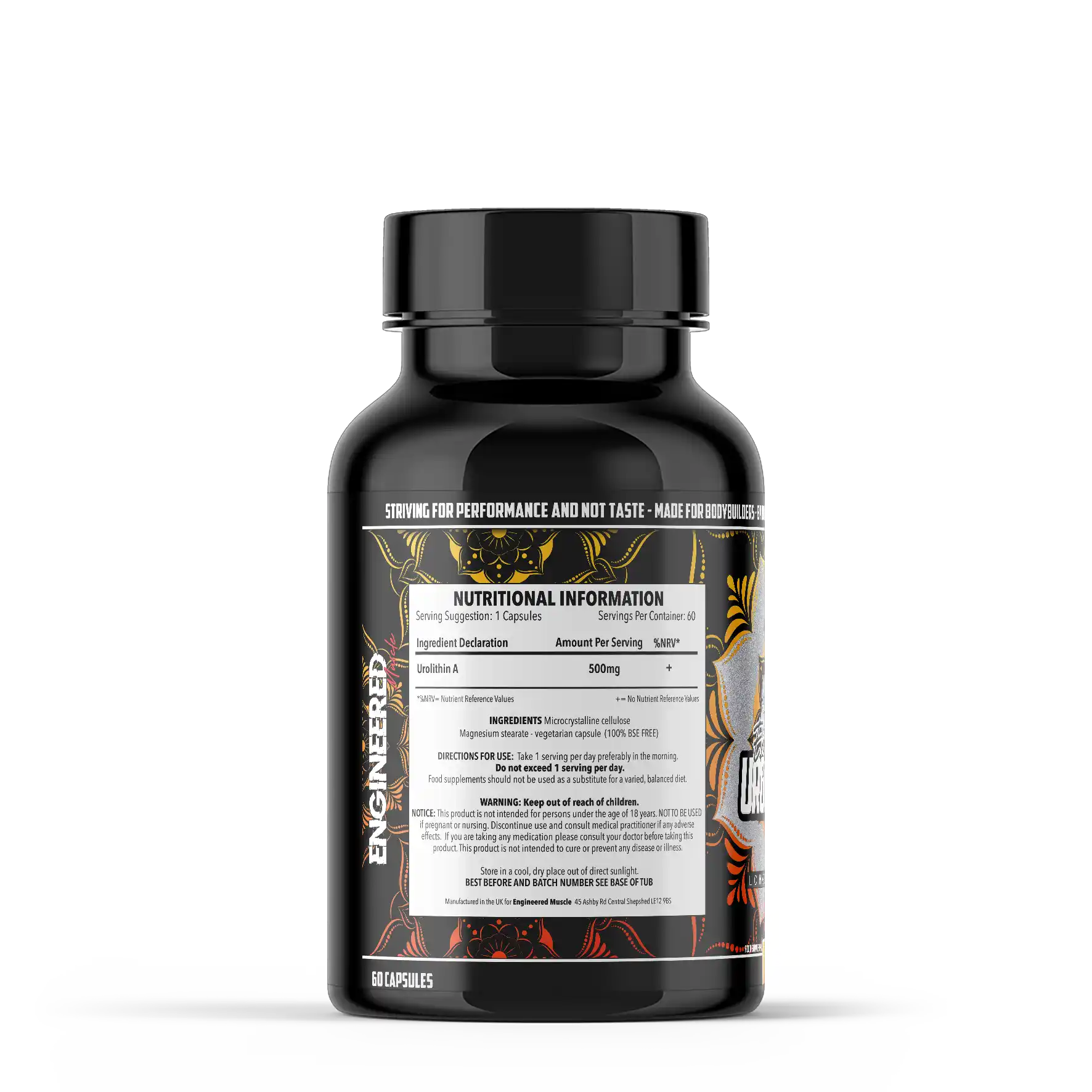 Black supplement bottle of engineered muscle urolithin A with nutritional information label on a white background