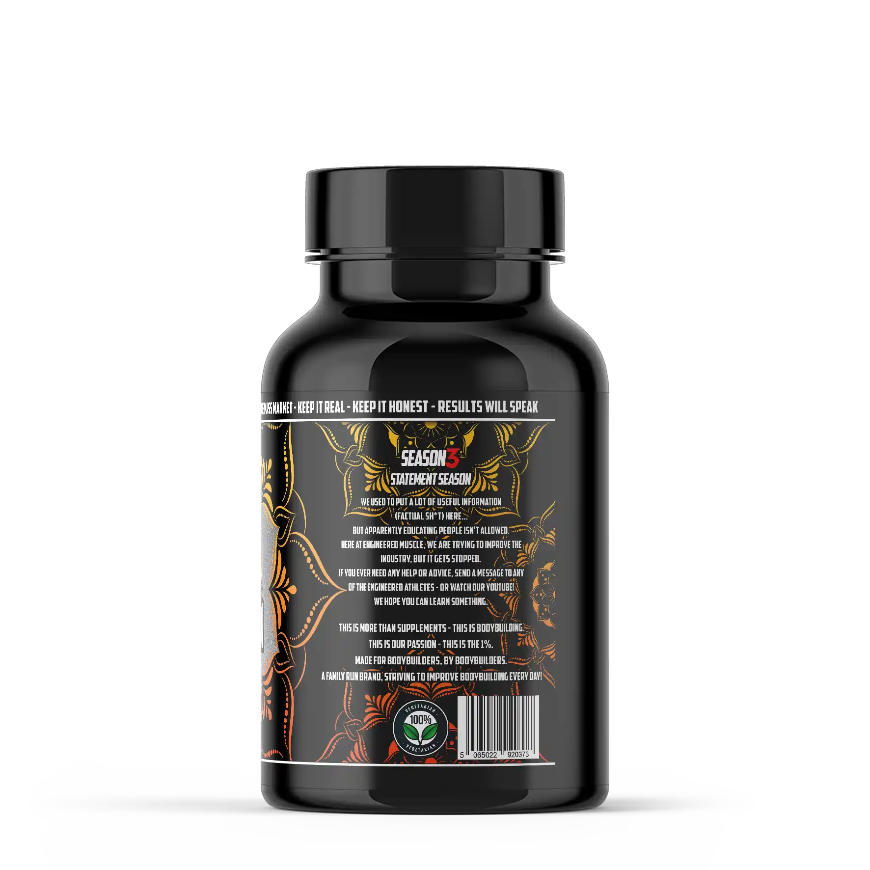 Black supplement bottle of Engineered Muscle Urolithin A with detailed label on a white background shown from the right side of the bottle