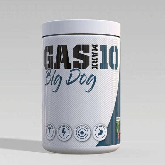 Supplement container labeled 'Gas Mark 10 Big Dog' on a gray background