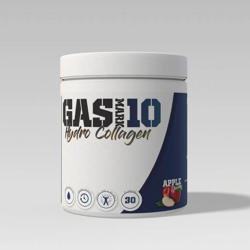 Container of Gas Mark 10 Hydro Collagen on a gray background