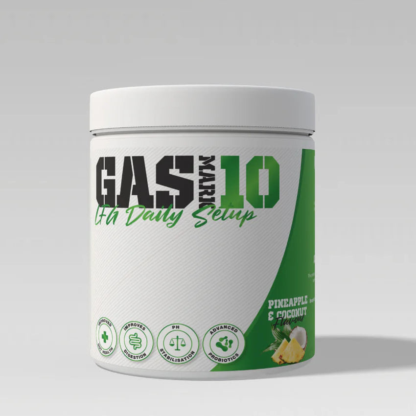 White supplement container labeled 'LFG Daily Setup' by Gas Max 10 on a white background