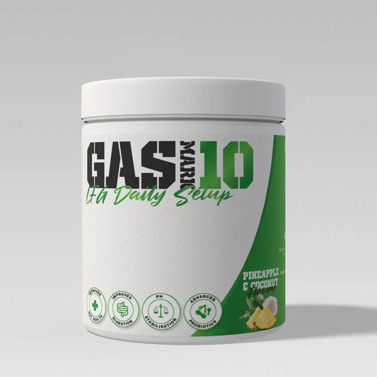 White supplement container labeled 'LFG Daily Setup' by Gas Max 10 on a white background