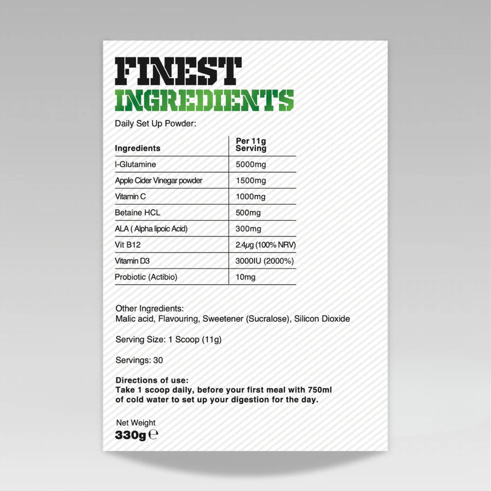 Label of 'Finest Ingredients' for Gas Mark 10 daily set up powder with ingredient list and directions on a gray background