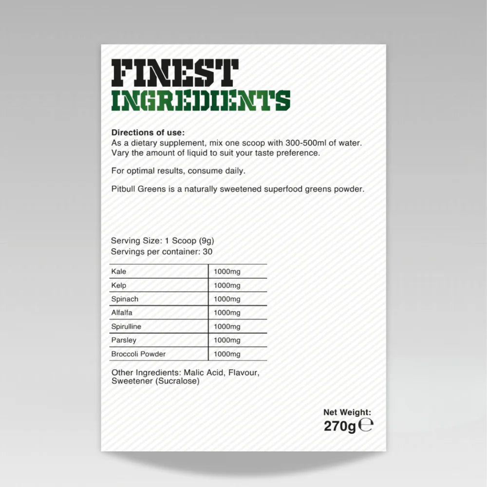 Supplement label for 'Finest Ingredients' Pitbull Greens powder on a gray background