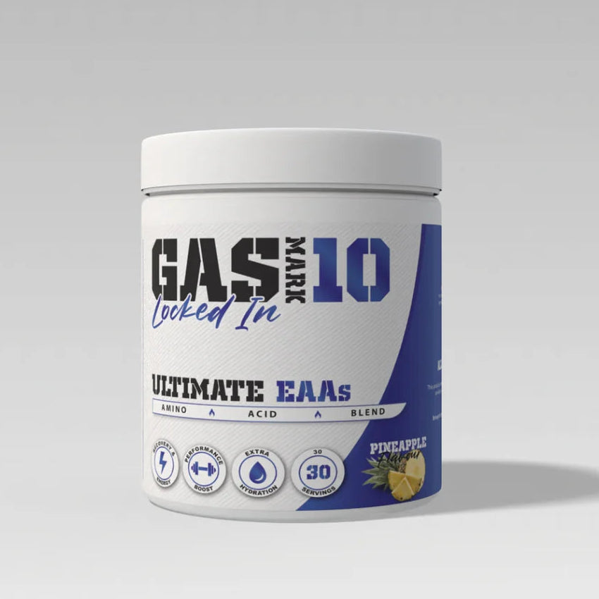 Supplement container labeled 'GASMASK 10' Locked In Ultimate EAAs on a white background