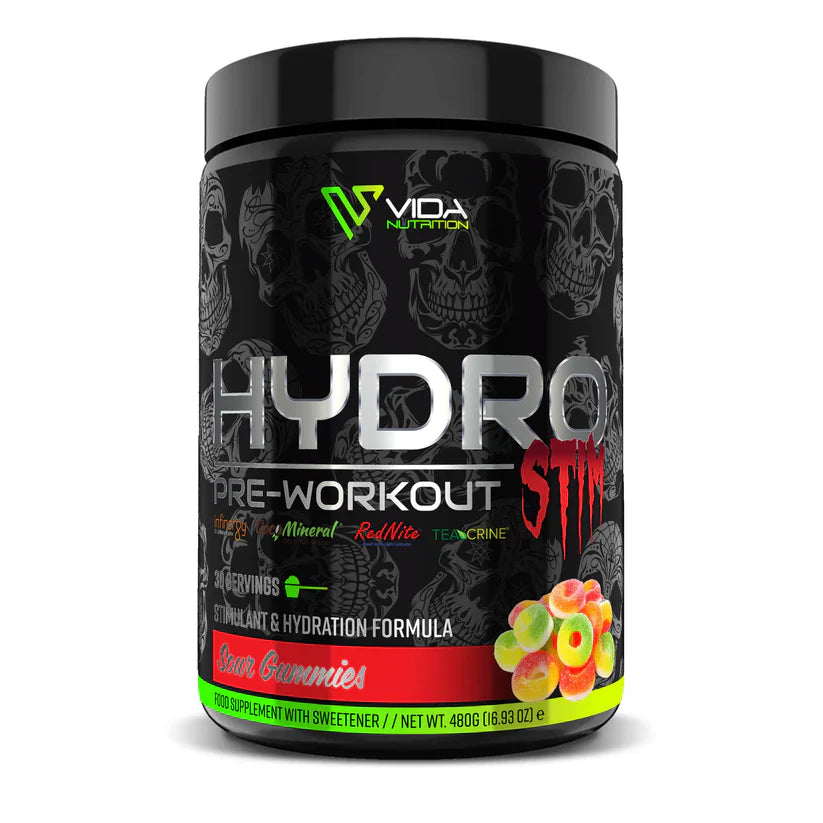 Vida Nutrition Hydro Stim pre-workout supplement container with black and red design.