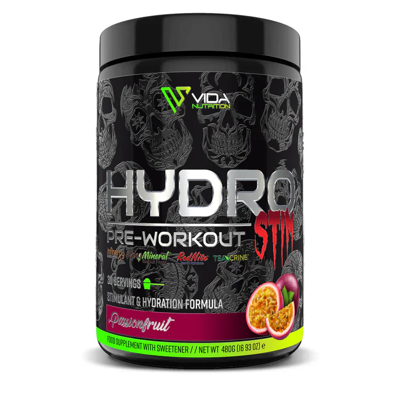 Vida Nutrition Hydro Stim pre-workout supplement container on a white background