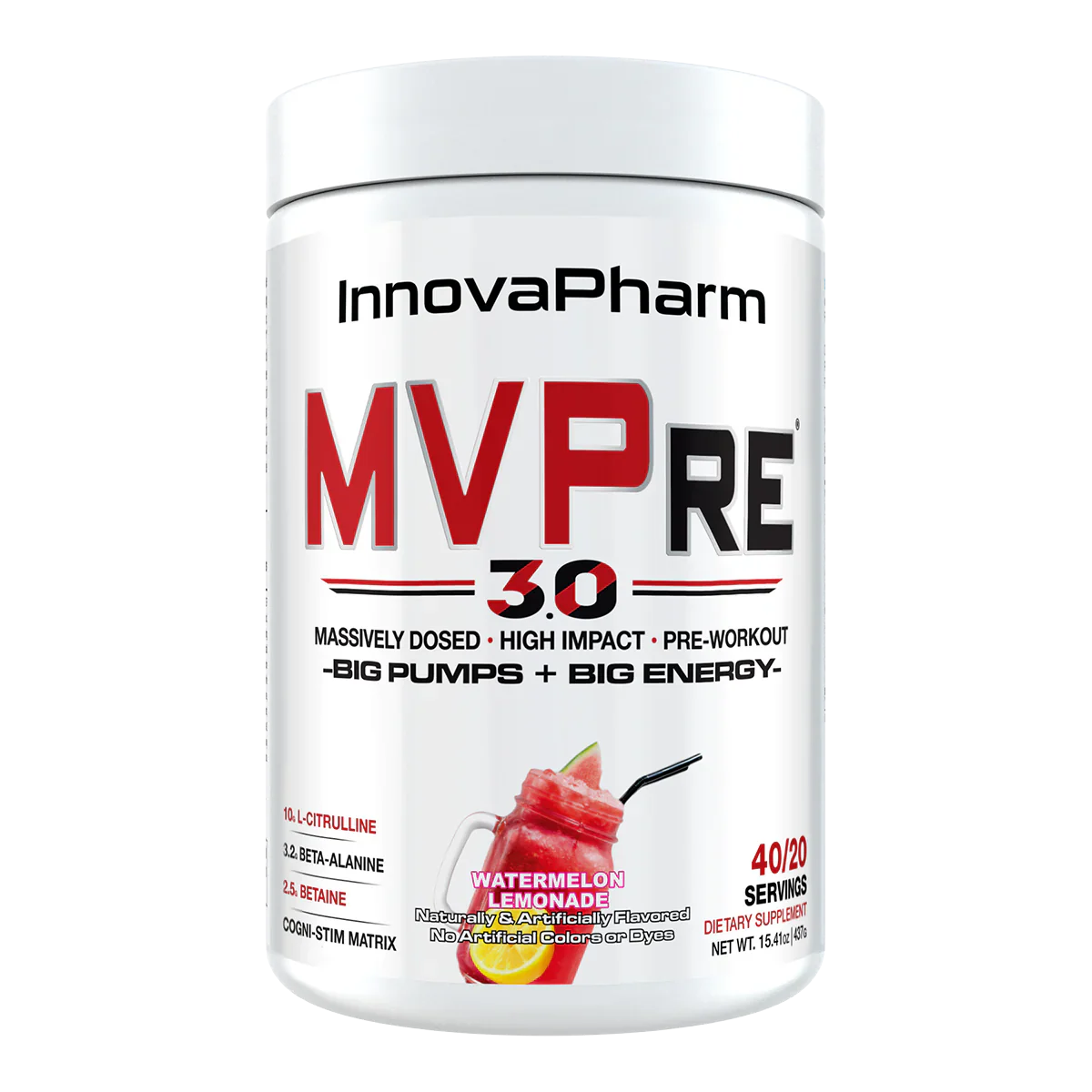 White supplement container containing MVPre 3.0 pre workout supplement in watermelon lemonade flavour