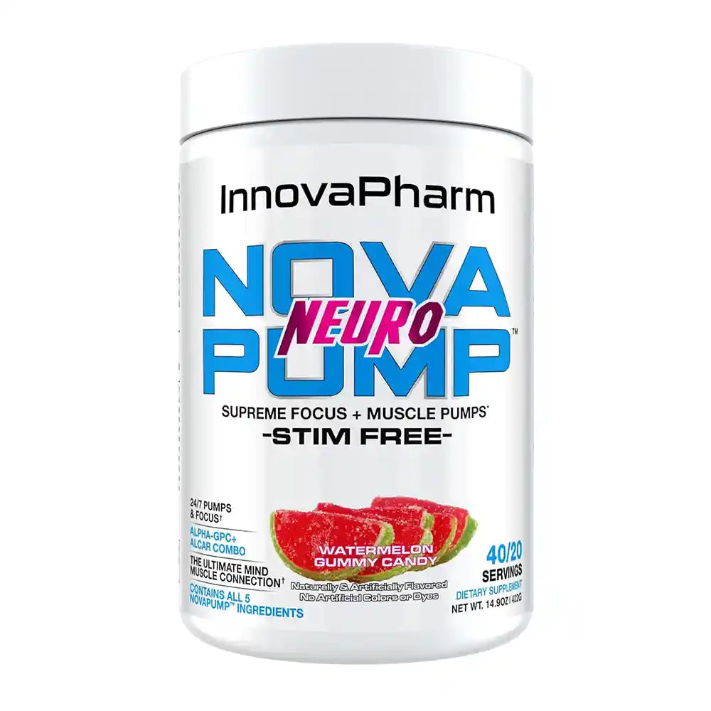 A container of InnovaPharm Nova Pump Neuro pre-workout supplement, with branding and flavor information displayed on the label.