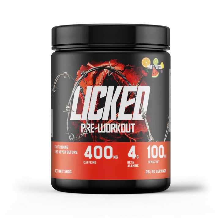 Black and red container of Licked pre-workout supplement on a white background fruit punch flavour