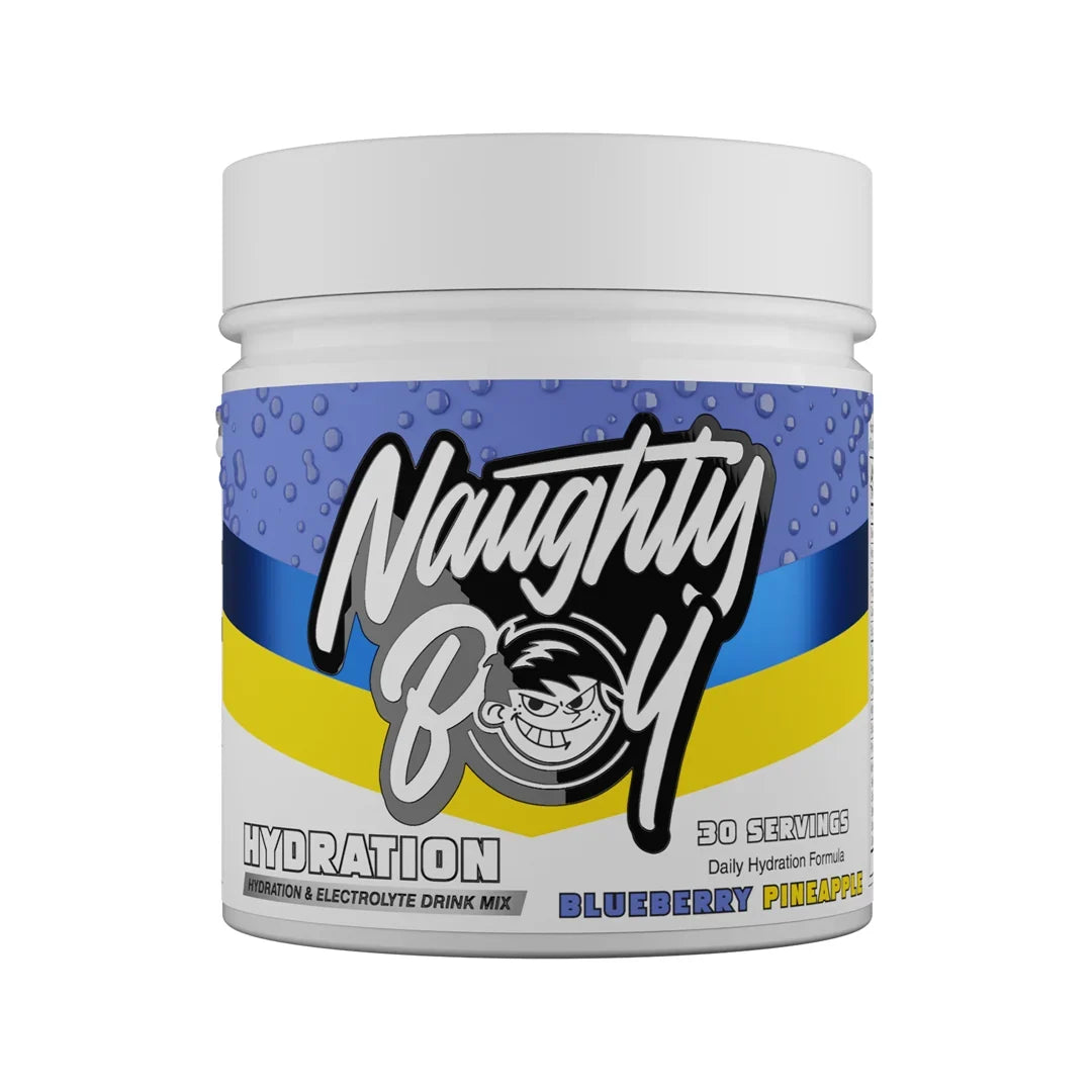 Naughty Boy Hydration drink mix container in blueberry pineapple flavour with blue and yellow label on a white background