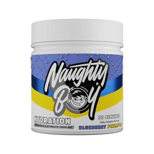Naughty Boy Hydration drink mix container in blueberry pineapple flavour with blue and yellow label on a white background
