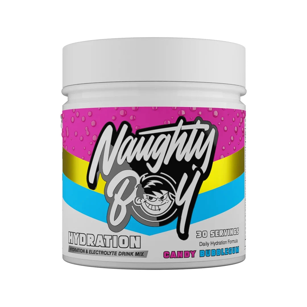 Naughty Boy Hydration drink mix container in candy bubblegum flavour with colorful label on a white background