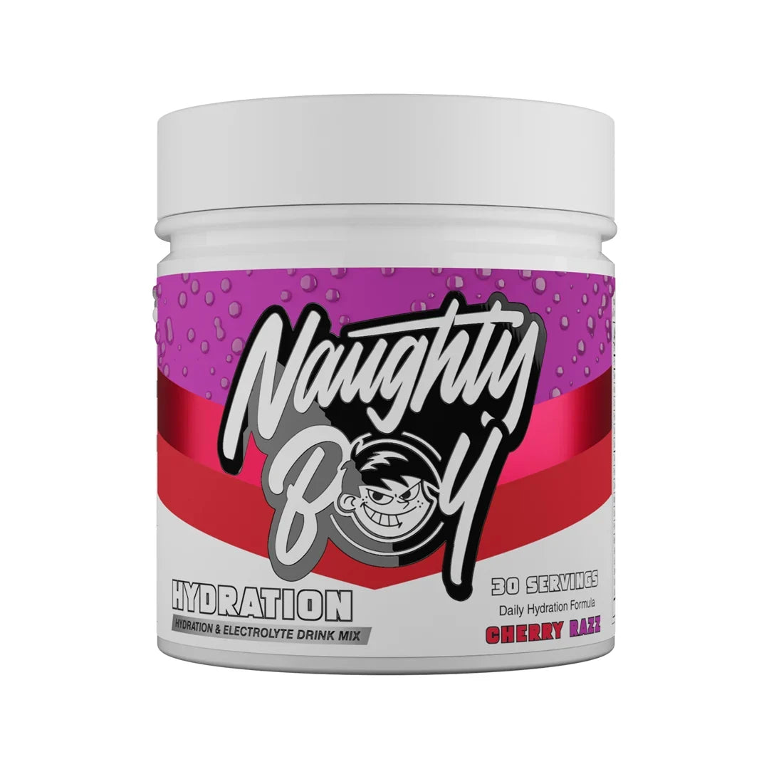 Naughty Boy Hydration drink mix container in cherry razz flavour with colourful label on a white background