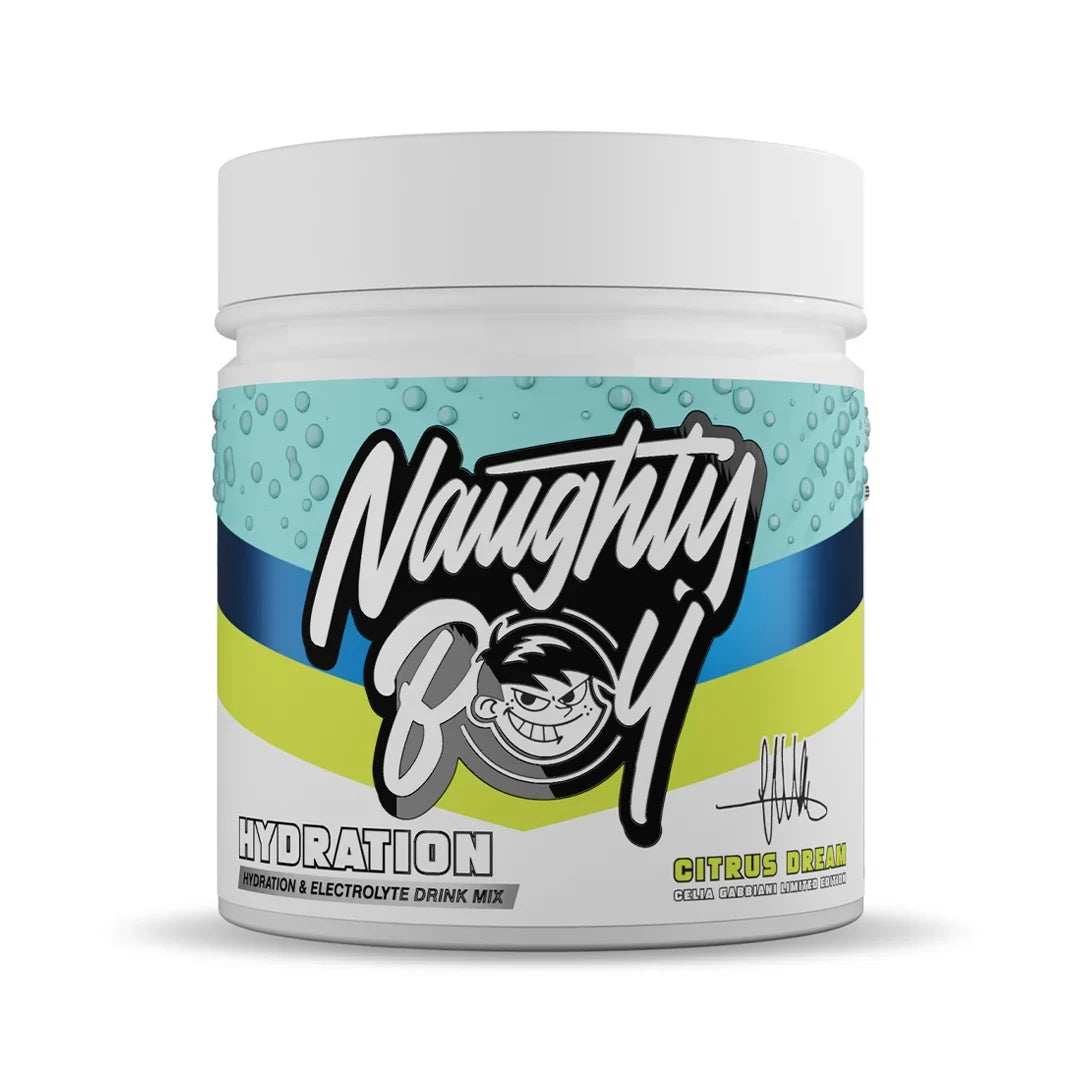 A white plastic tub of Naughty Boy Hydration drink mix in the Citrus Dream flavor, featuring a colorful label with blue, yellow, and white stripes.