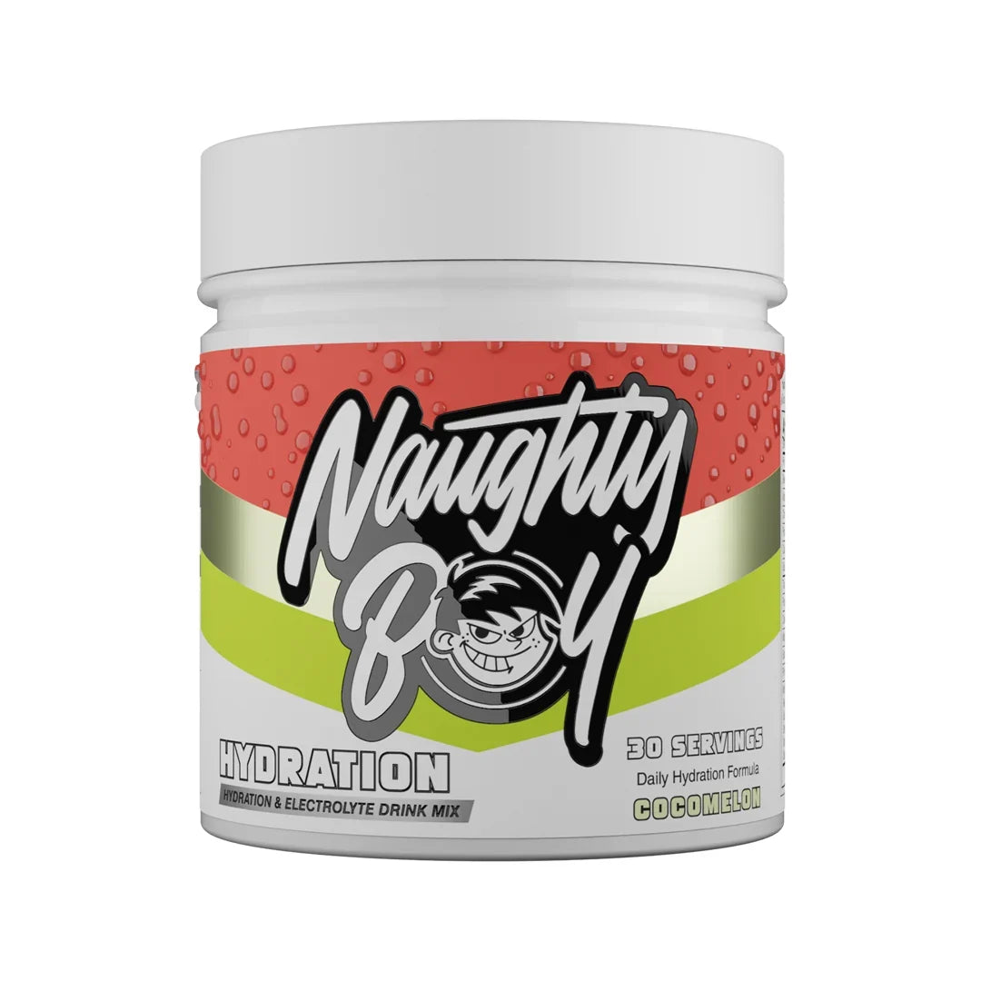 Naughty Boy Hydration drink mix container in cocomelon flavour on a white background