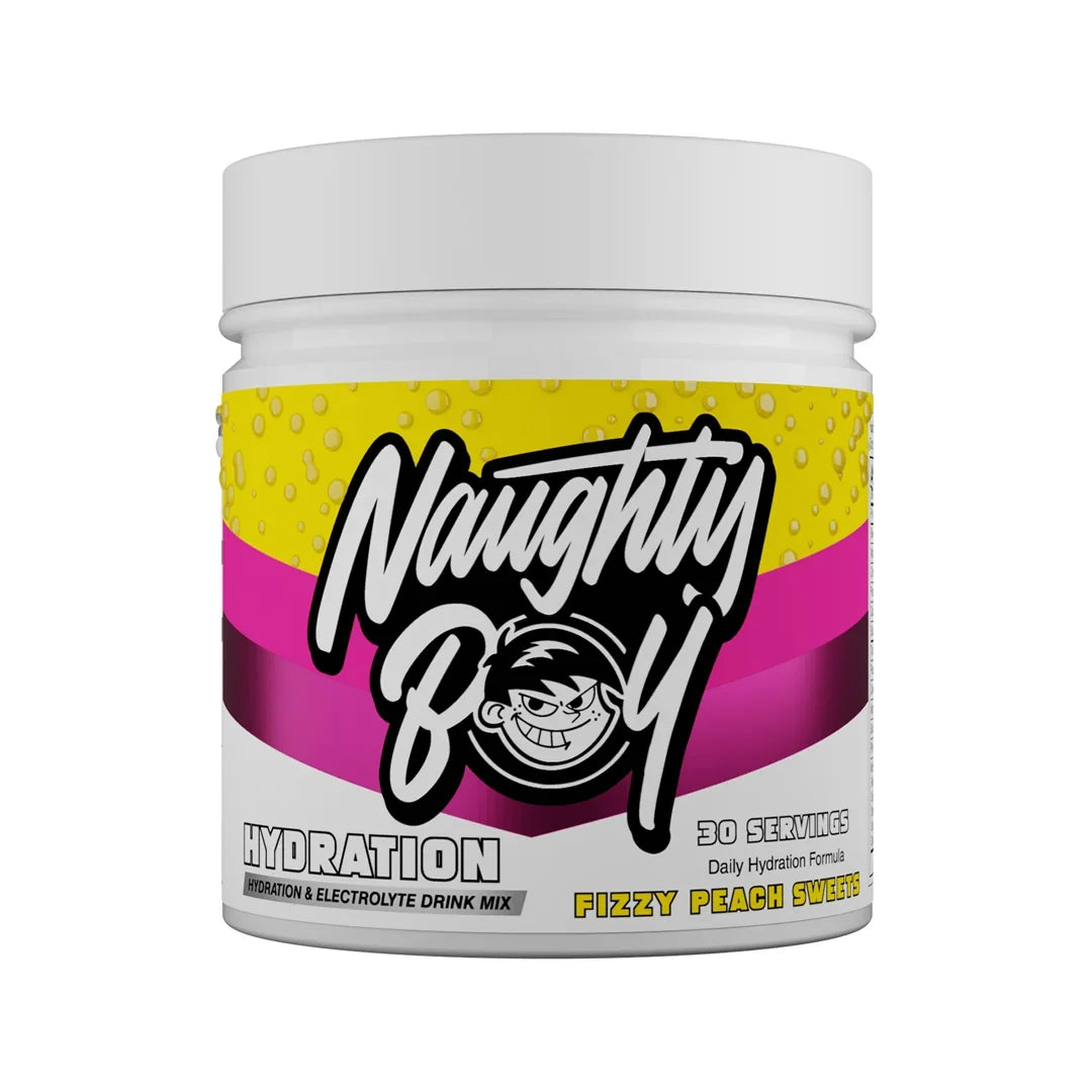 Naughty Boy Hydration drink mix container in fizzy peach sweets with colourful label on a white background