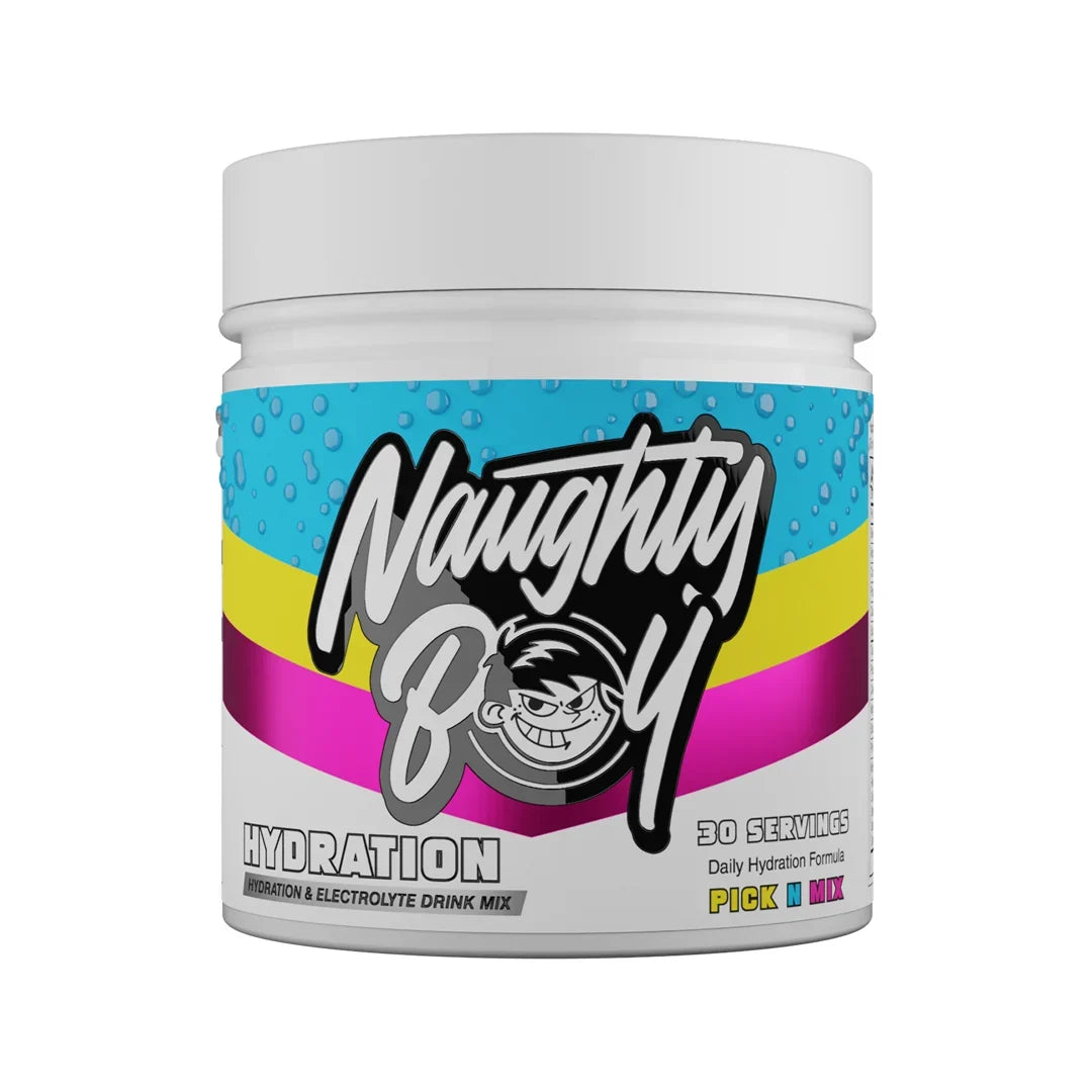 Naughty Boy Hydration drink mix container in pick n mix flavour with colourful label on a white background