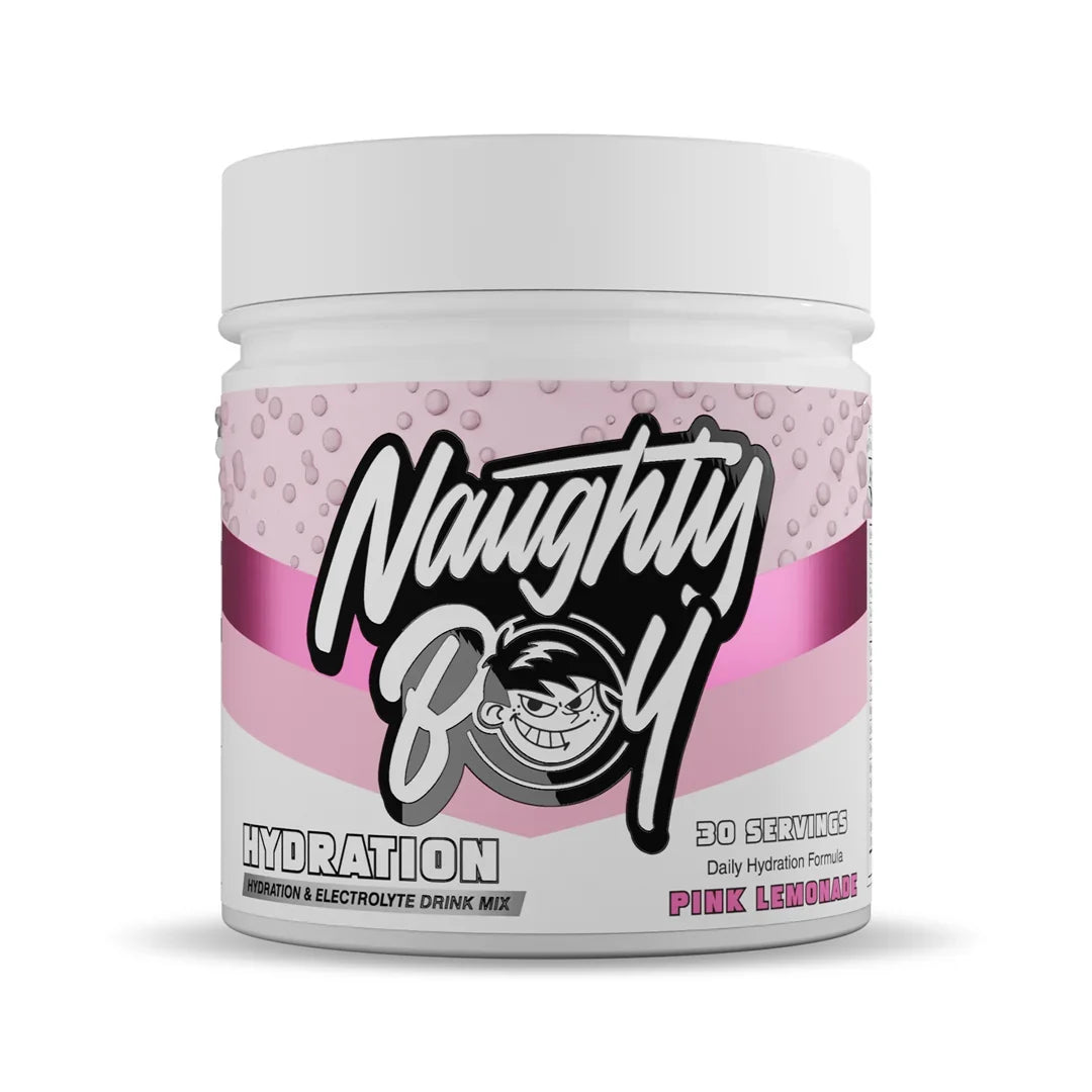Pink and white container of Naughty Boy Hydration drink mix on a white background, pink lemonade flavour