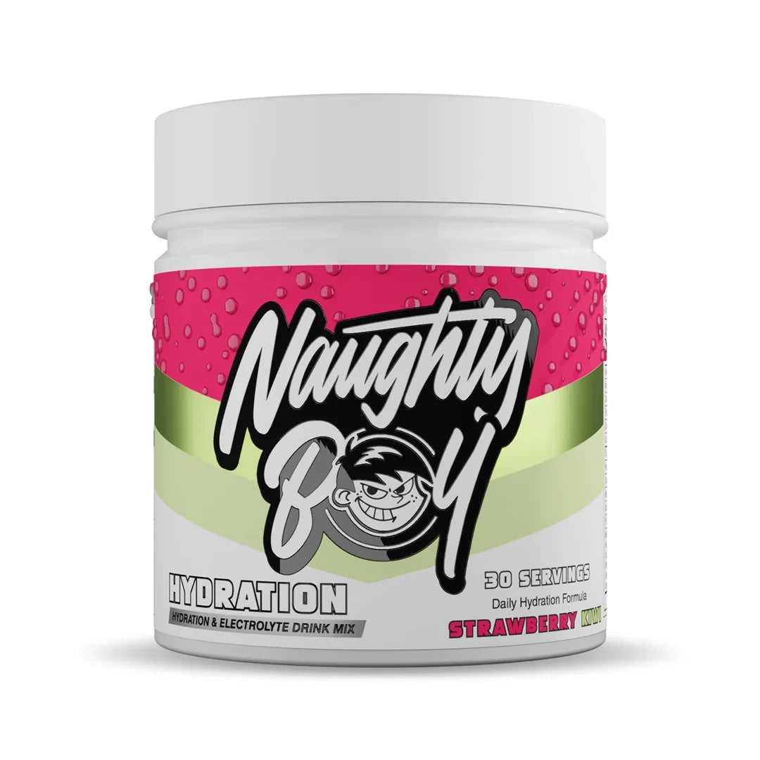 Naughty Boy hydration drink mix container in strawberry kiwi flavour with colourful label on a white background